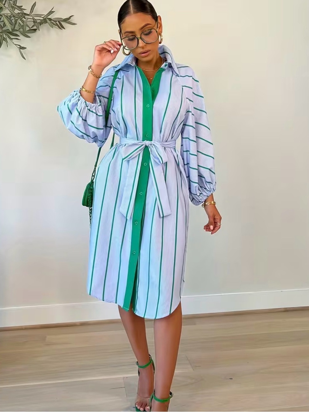 J.Renee White and Green Striped Belted Midi Shirt Dress